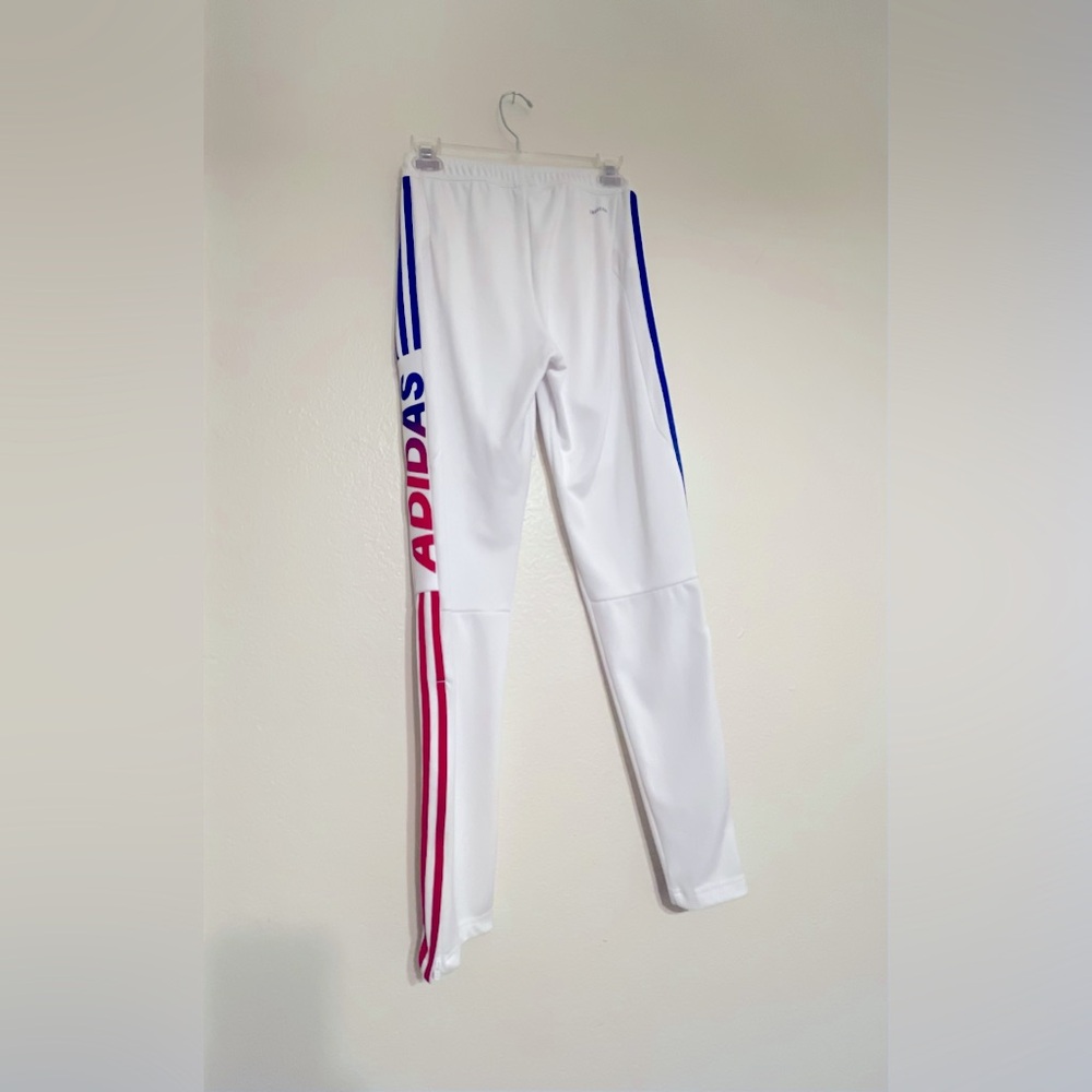 Adidas Kids White Track Pants with Red and Blue Stripes